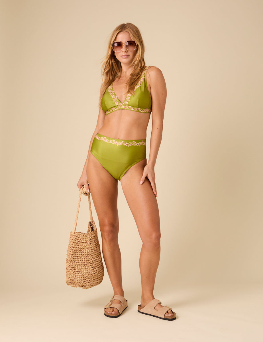 Green Floral Trim High Waist Bikini Bottoms