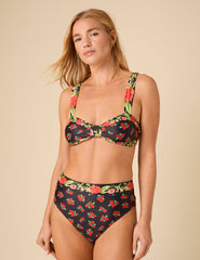 Black Floral Knot Front Bikini Top