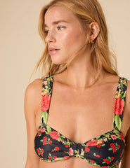 Black Floral Knot Front Bikini Top