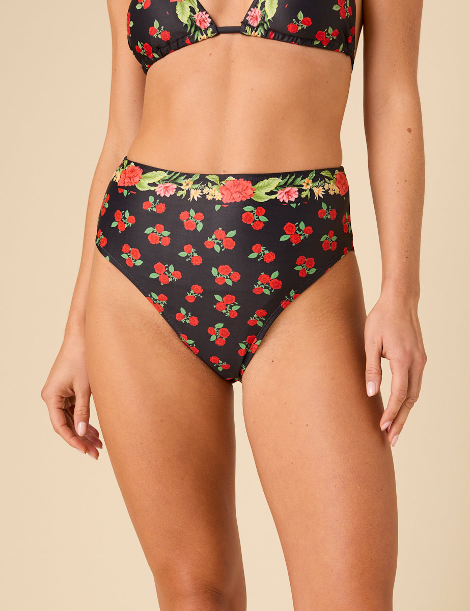 Black Floral Print High Waist Bikini Bottoms