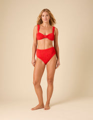 Red Ribbed Jacquard Knot Front Bikini Top