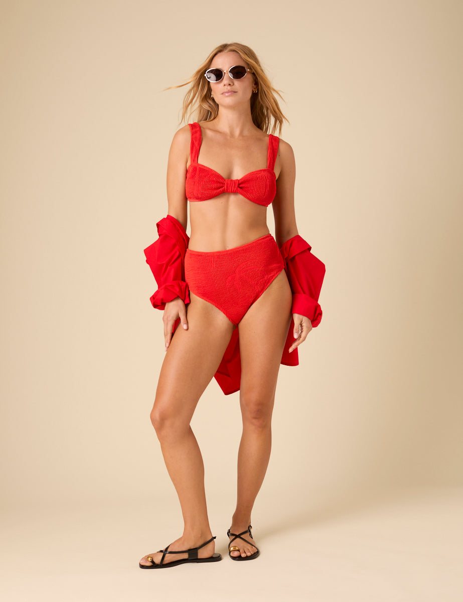 Red Ribbed Jacquard High Waist Bikini Bottoms