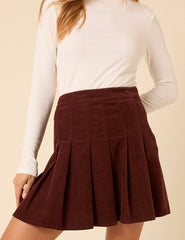 Brown Cord Pleated Mini Skirt