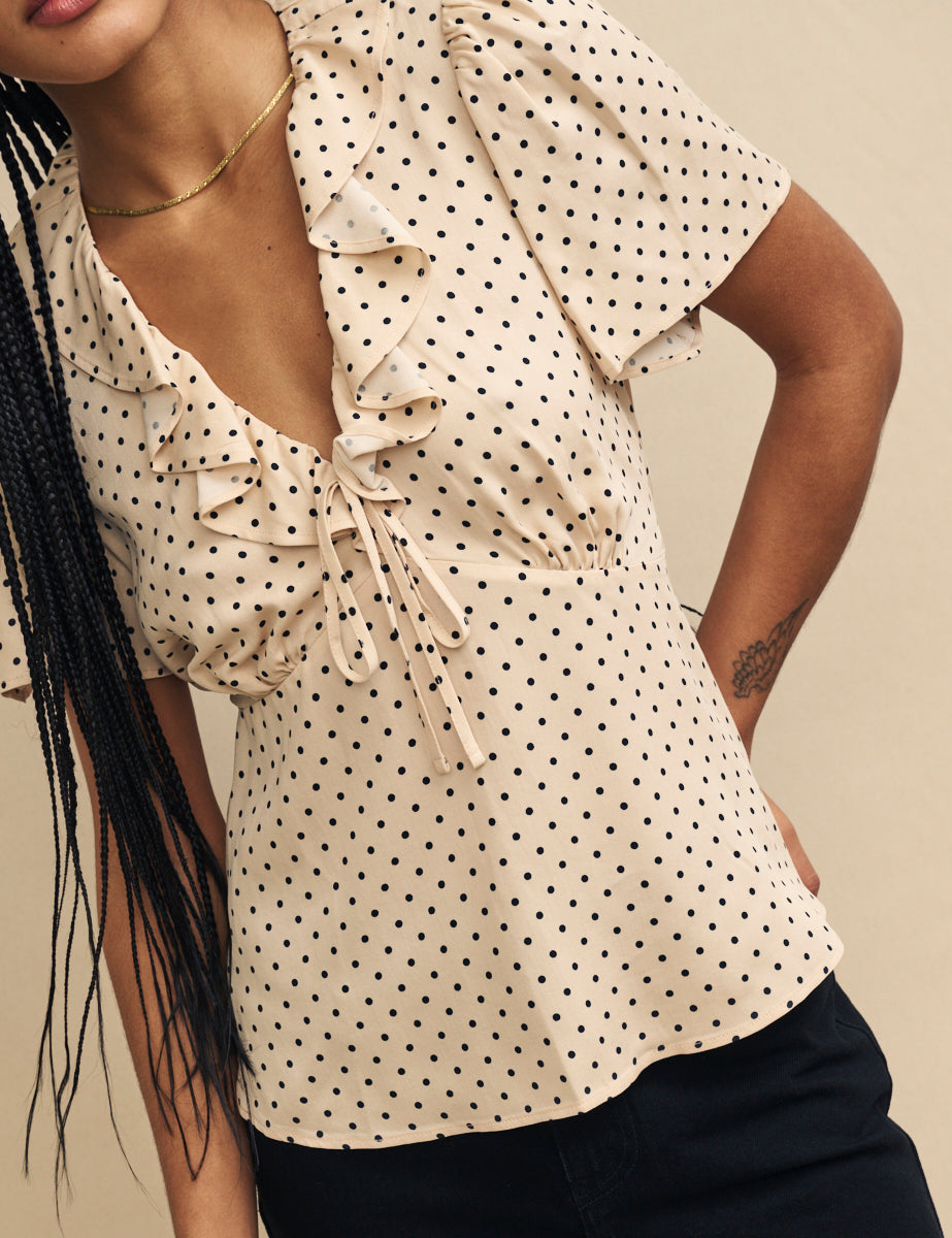 Cream Polka Dot Floral Ruffle Blouse