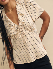 Cream Polka Dot Floral Ruffle Blouse
