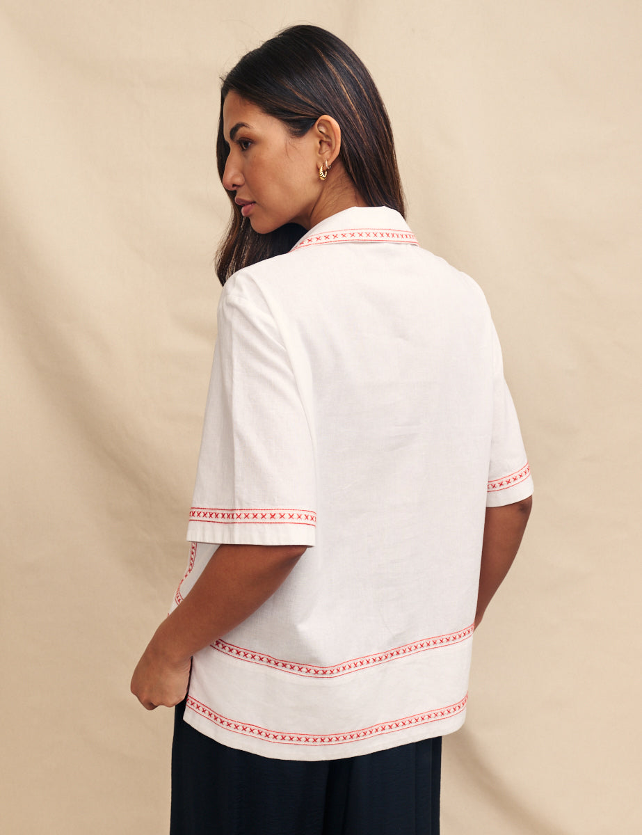 White Embroidered Short Sleeve Shirt