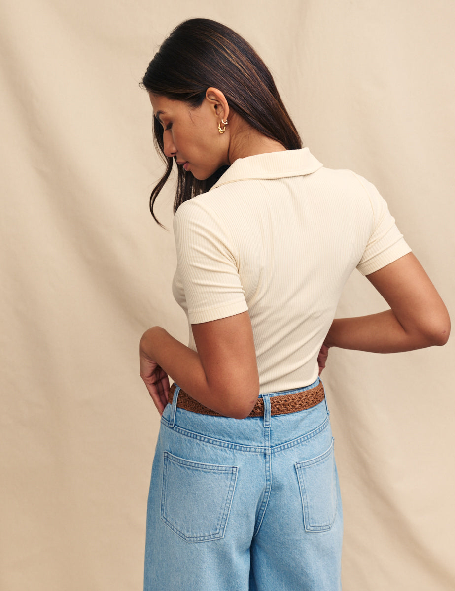 Cream Ribbed Polo Top