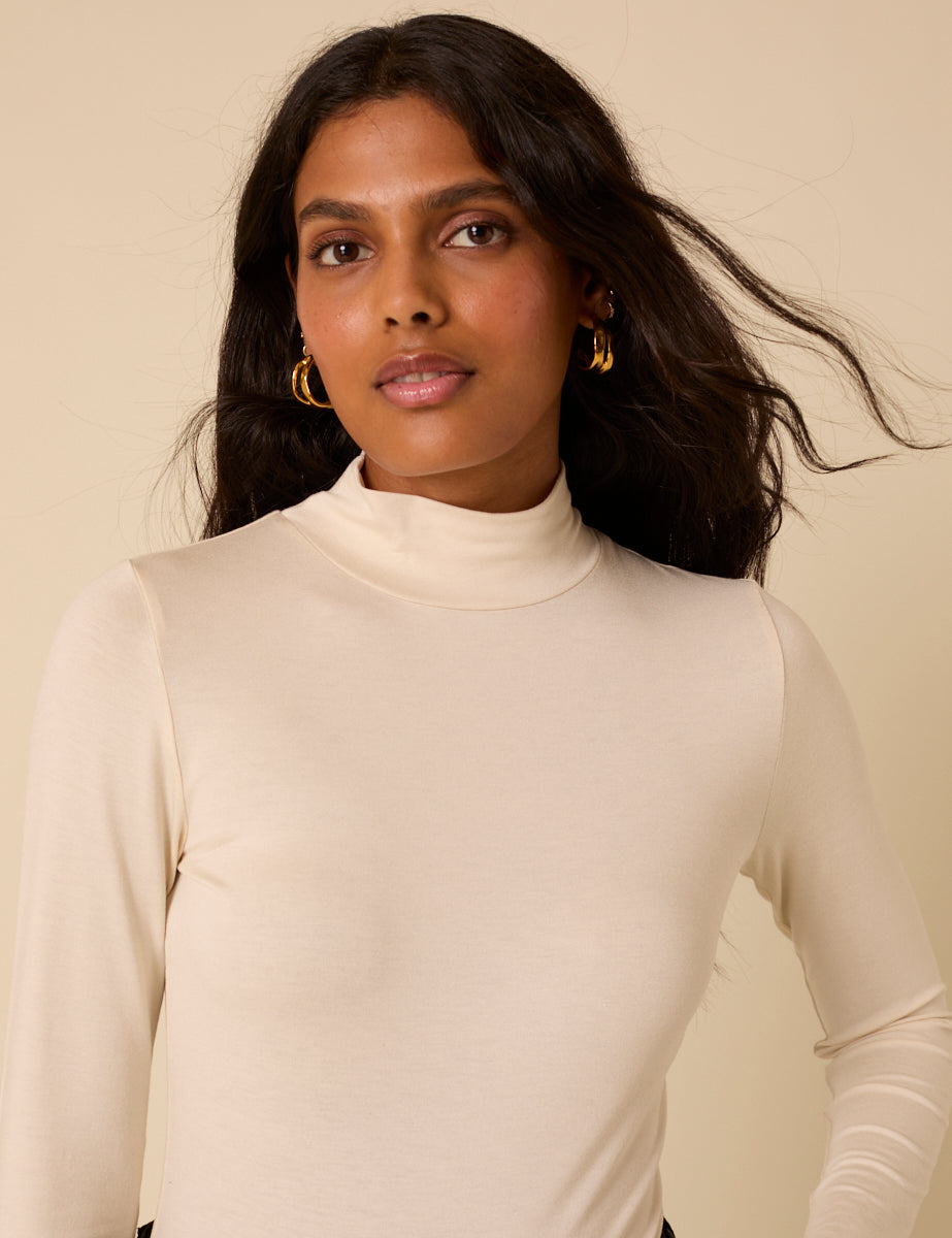 Cream Funnel Neck Long Sleeve Top