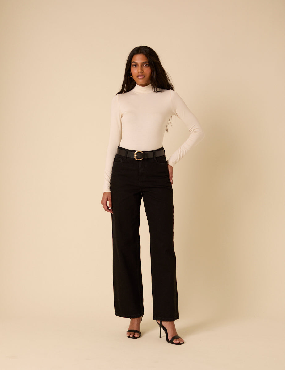 Cream Funnel Neck Long Sleeve Top