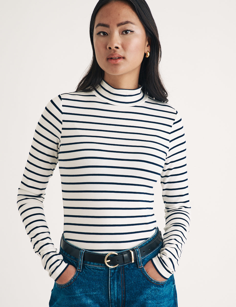 Black and White Stripe Funnel Neck Top