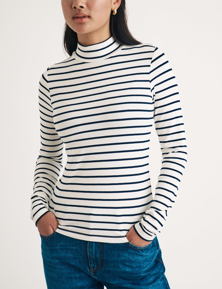 Black and White Stripe Funnel Neck Top