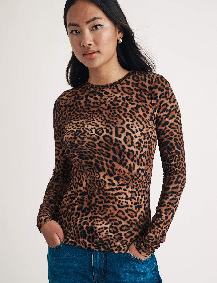 Leopard Print Crew Neck Long Sleeve Top