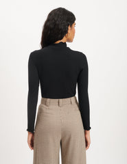 Black Ribbed Funnel Neck Long Sleeve Top