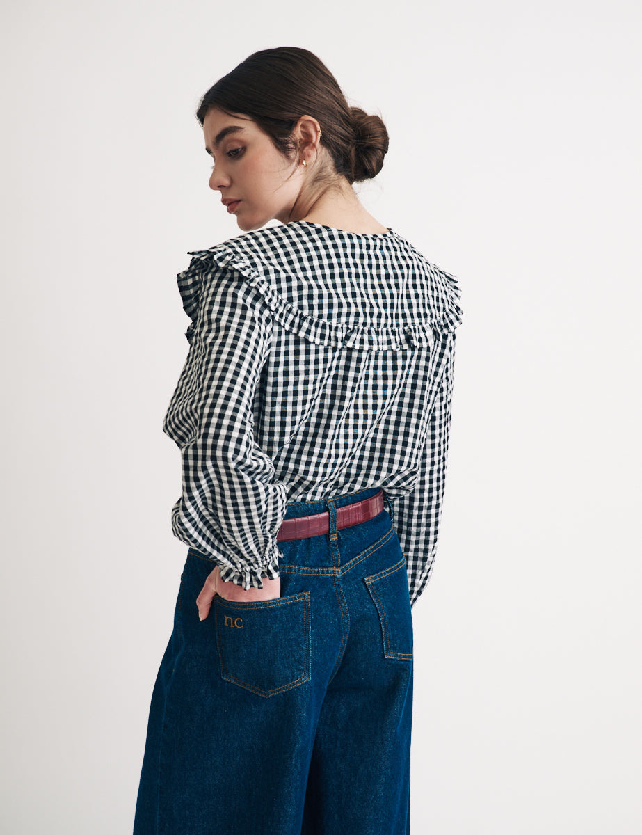 Black Gingham Peter Pan Collar Blouse