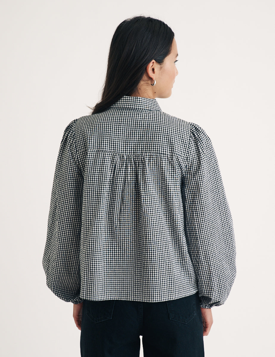 Black Gingham Puff Sleeve Shirt