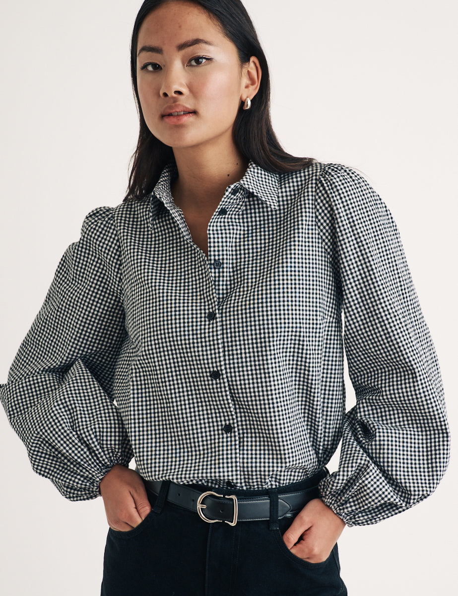 Black Gingham Puff Sleeve Shirt