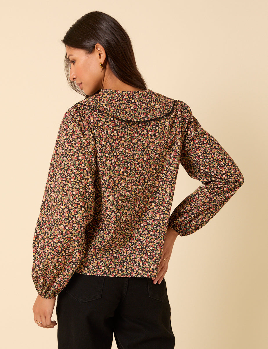 Black Ditsy Floral Peter Pan Collar Blouse