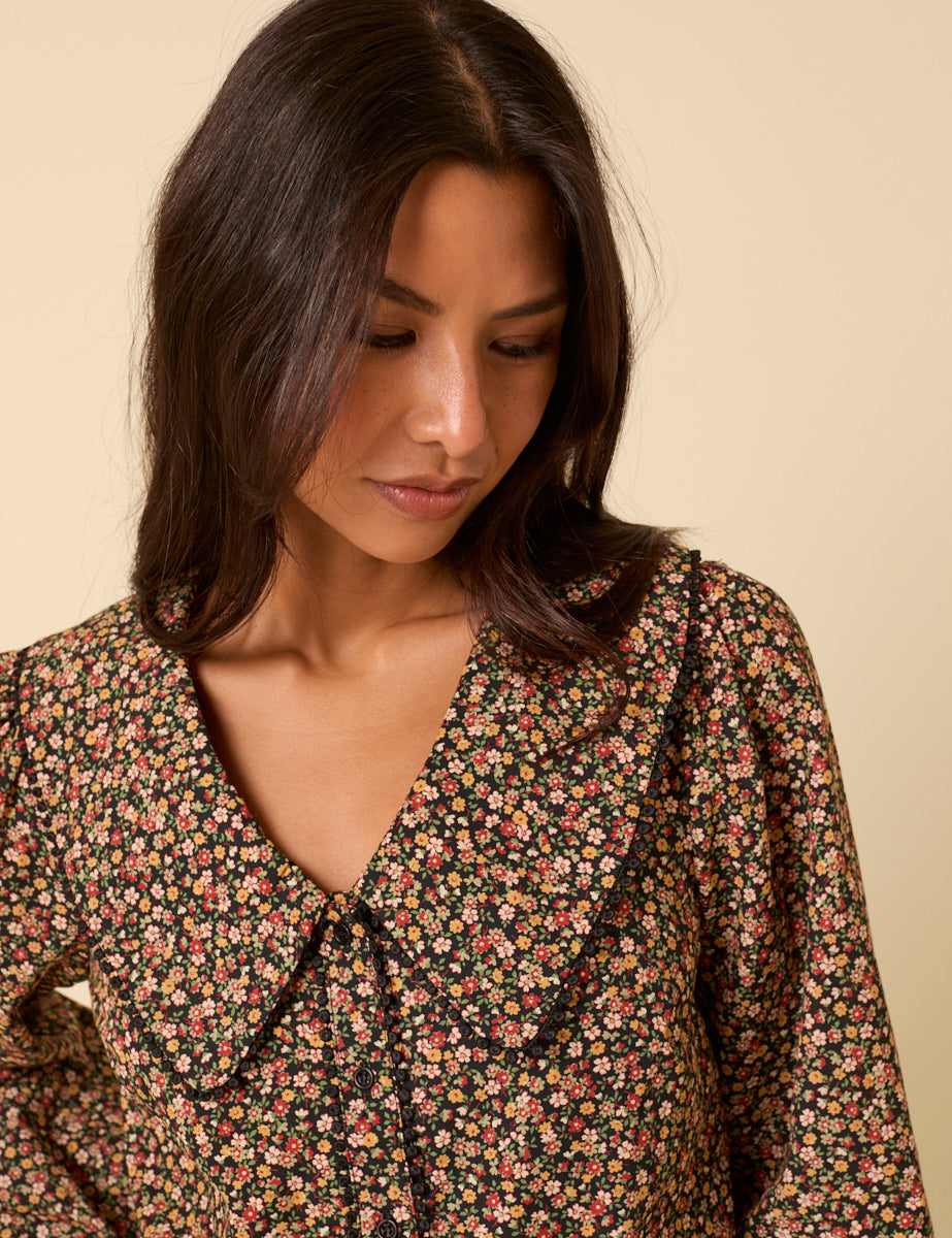 Black Ditsy Floral Peter Pan Collar Blouse