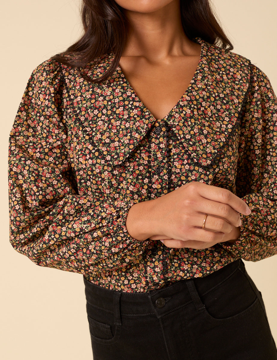 Black Ditsy Floral Peter Pan Collar Blouse