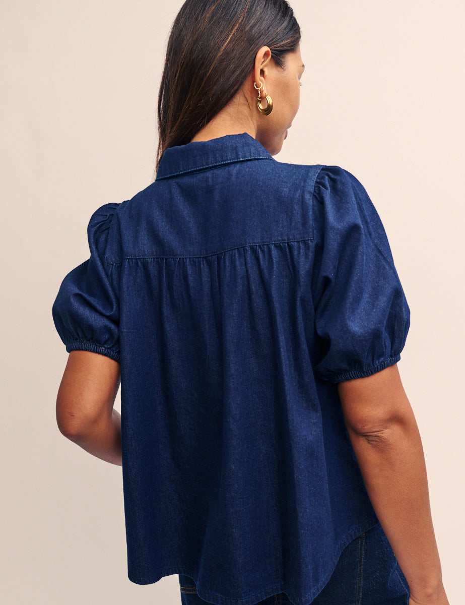 Dark Blue Denim Puff Sleeve Blouse