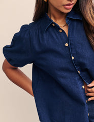 Dark Blue Denim Puff Sleeve Blouse