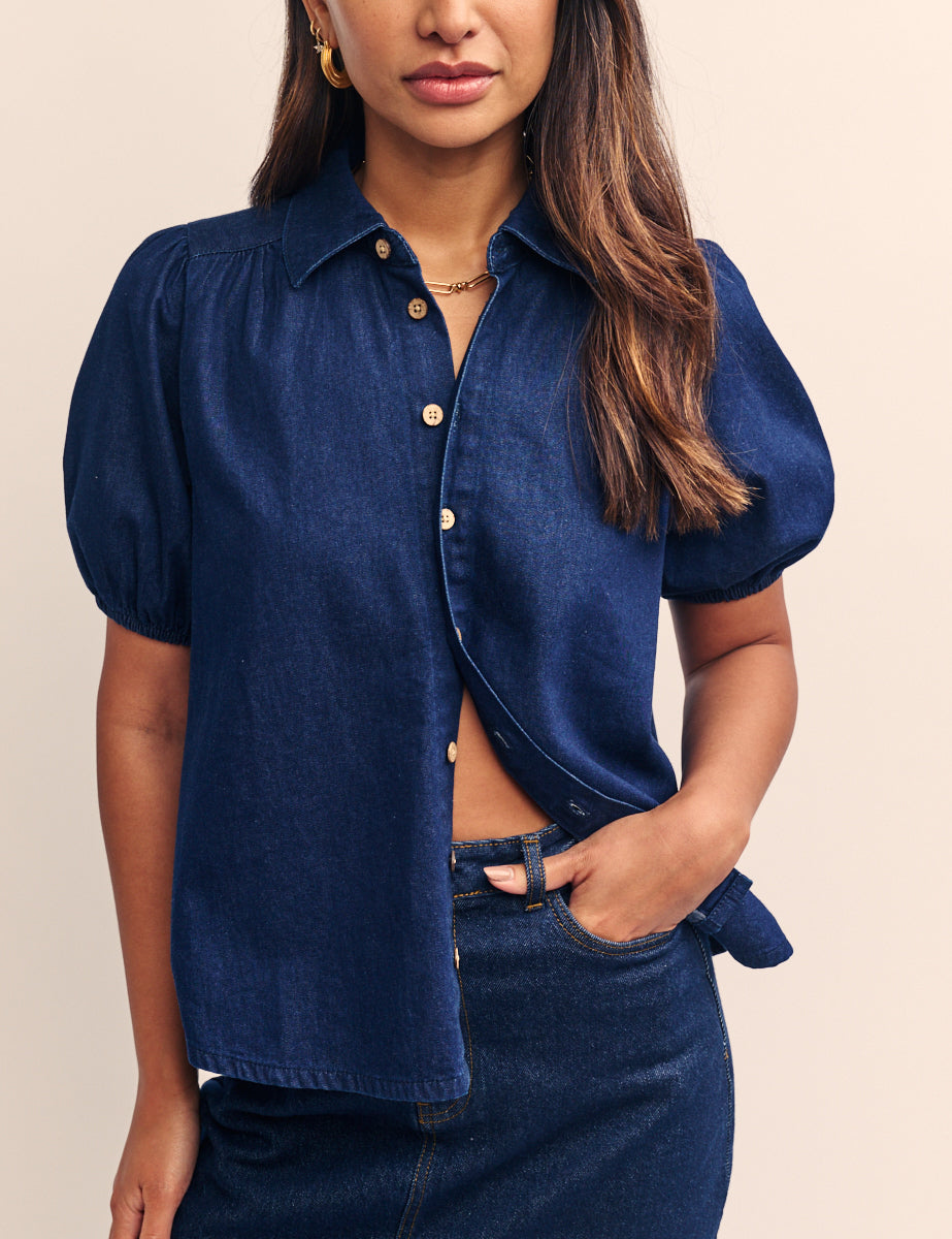 Dark Blue Denim Puff Sleeve Blouse
