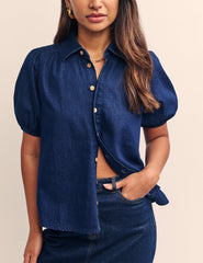 Dark Blue Denim Puff Sleeve Blouse