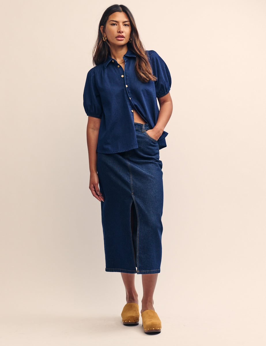 Dark Blue Denim Puff Sleeve Blouse
