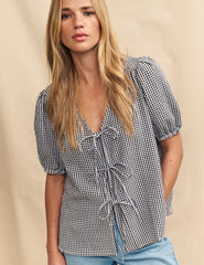 Black Gingham Tie Front Bernadetta Blouse