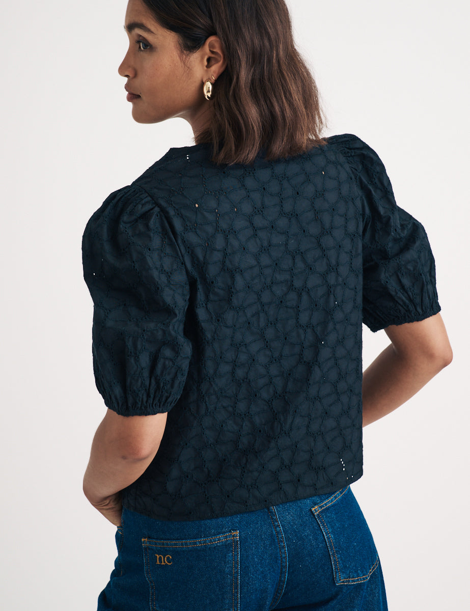 Black Broderie Anglaise Puff Sleeve Top