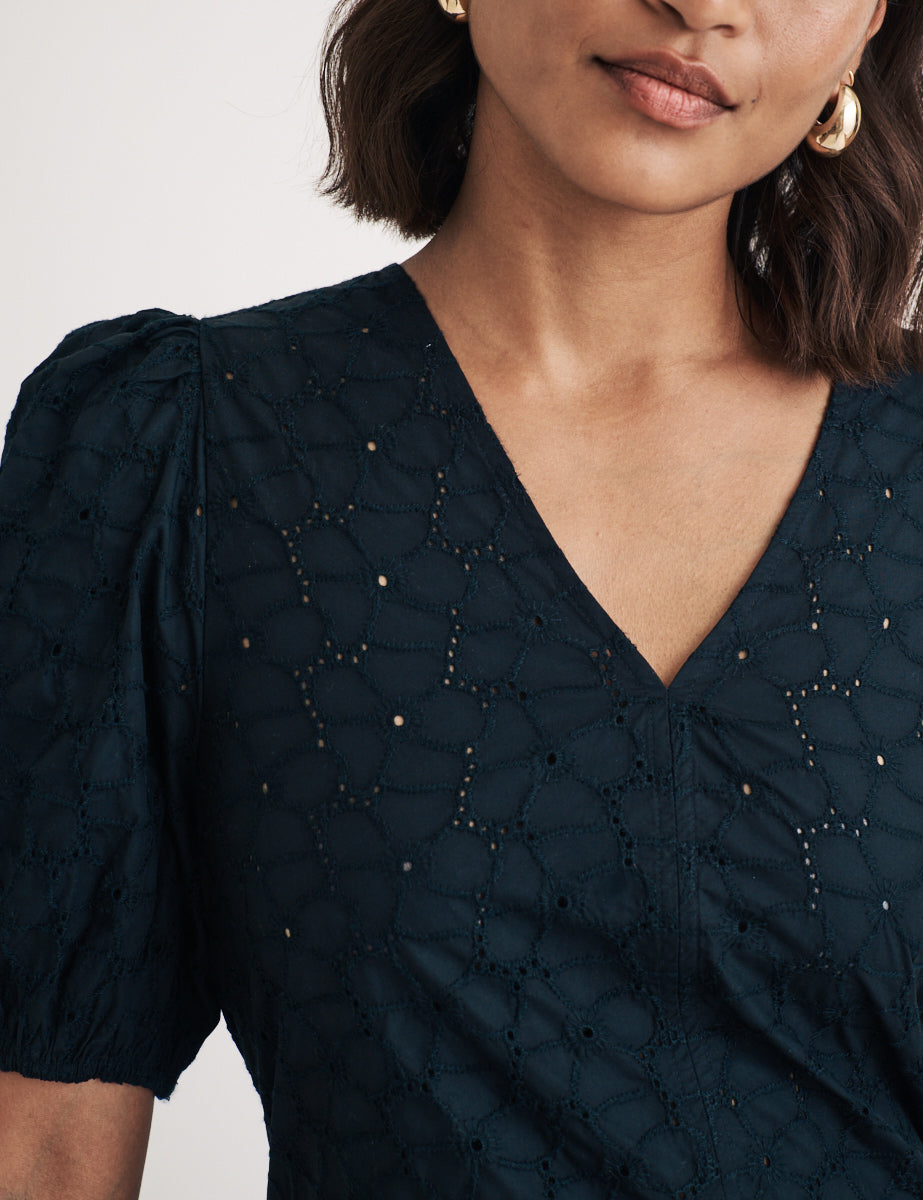 Black Broderie Anglaise Puff Sleeve Top