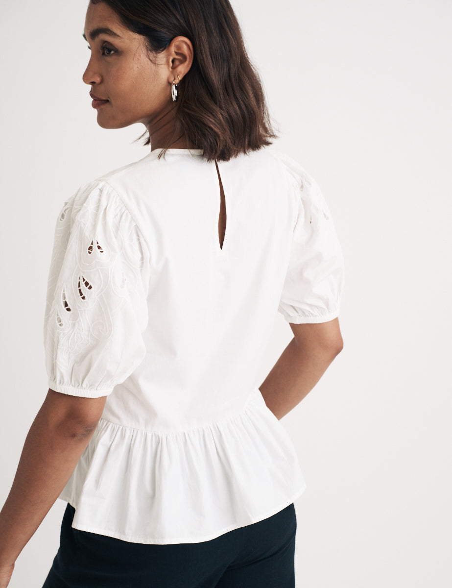 White Puff Sleeve Cutwork Detail Peplum Top