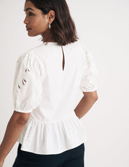 White Puff Sleeve Cutwork Detail Peplum Top