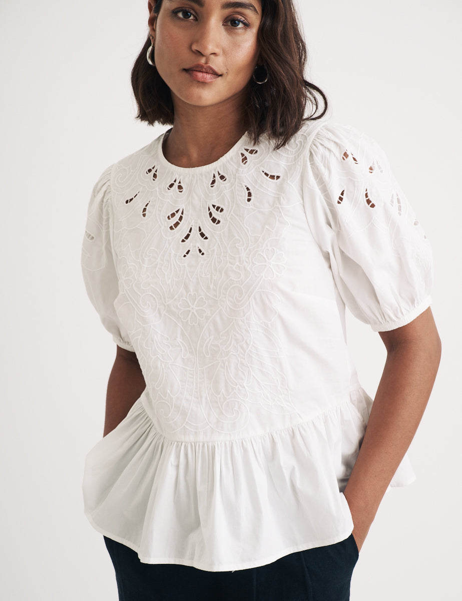 White Puff Sleeve Cutwork Detail Peplum Top