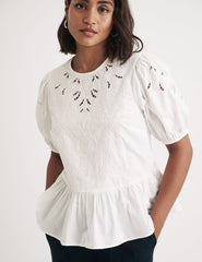 White Puff Sleeve Cutwork Detail Peplum Top