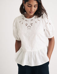 White Puff Sleeve Cutwork Detail Peplum Top