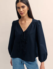 Black Tie Front Bernadetta Blouse