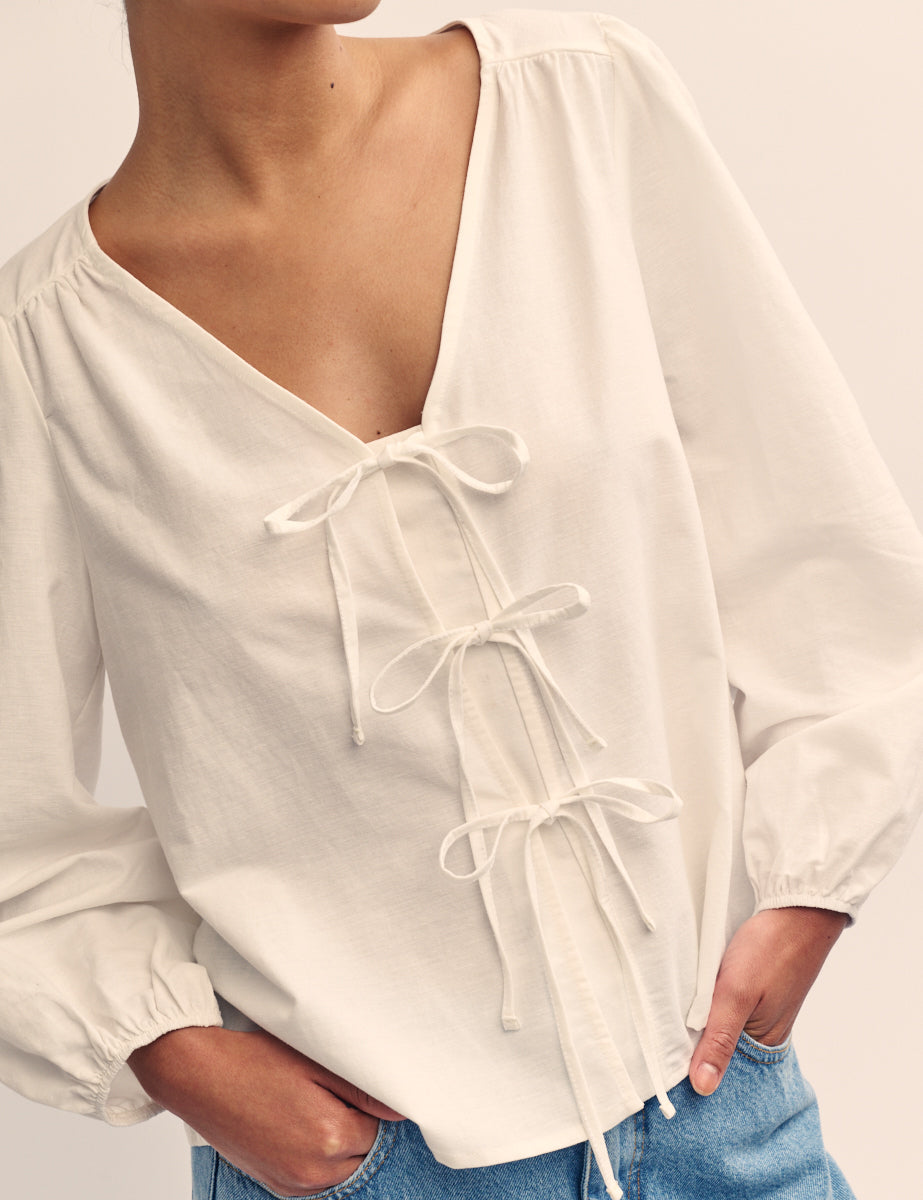White Tie Front Bernadetta Blouse