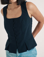 Black Scoop Neck Pleat Detail Waistcoat