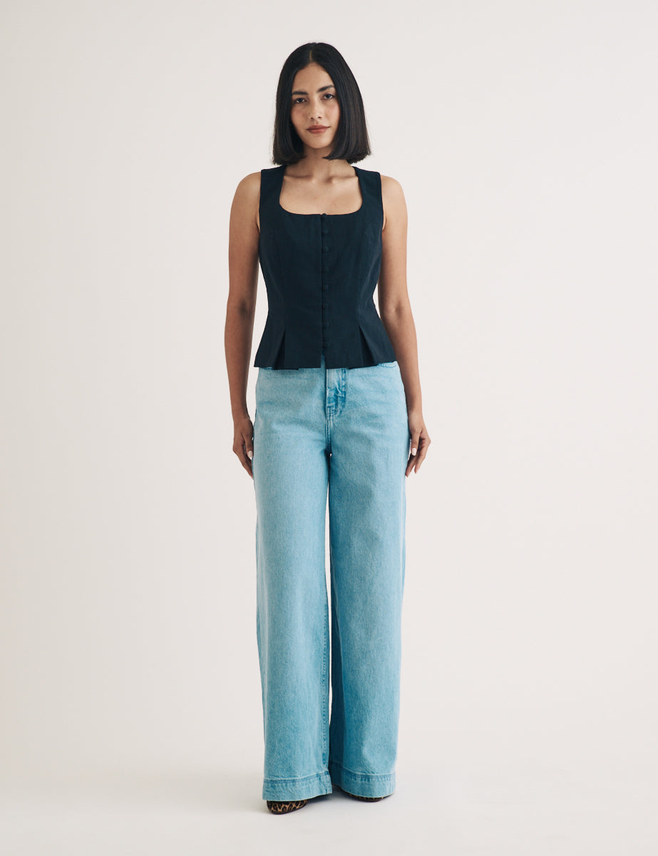 Black Scoop Neck Pleat Detail Waistcoat