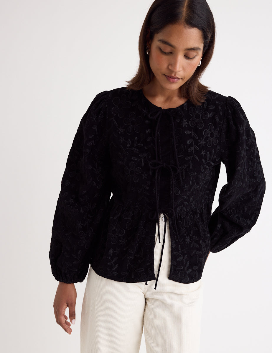 Black Embroidered Cord Tie Front Blouse