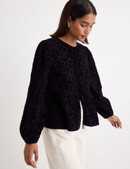 Black Embroidered Cord Tie Front Blouse