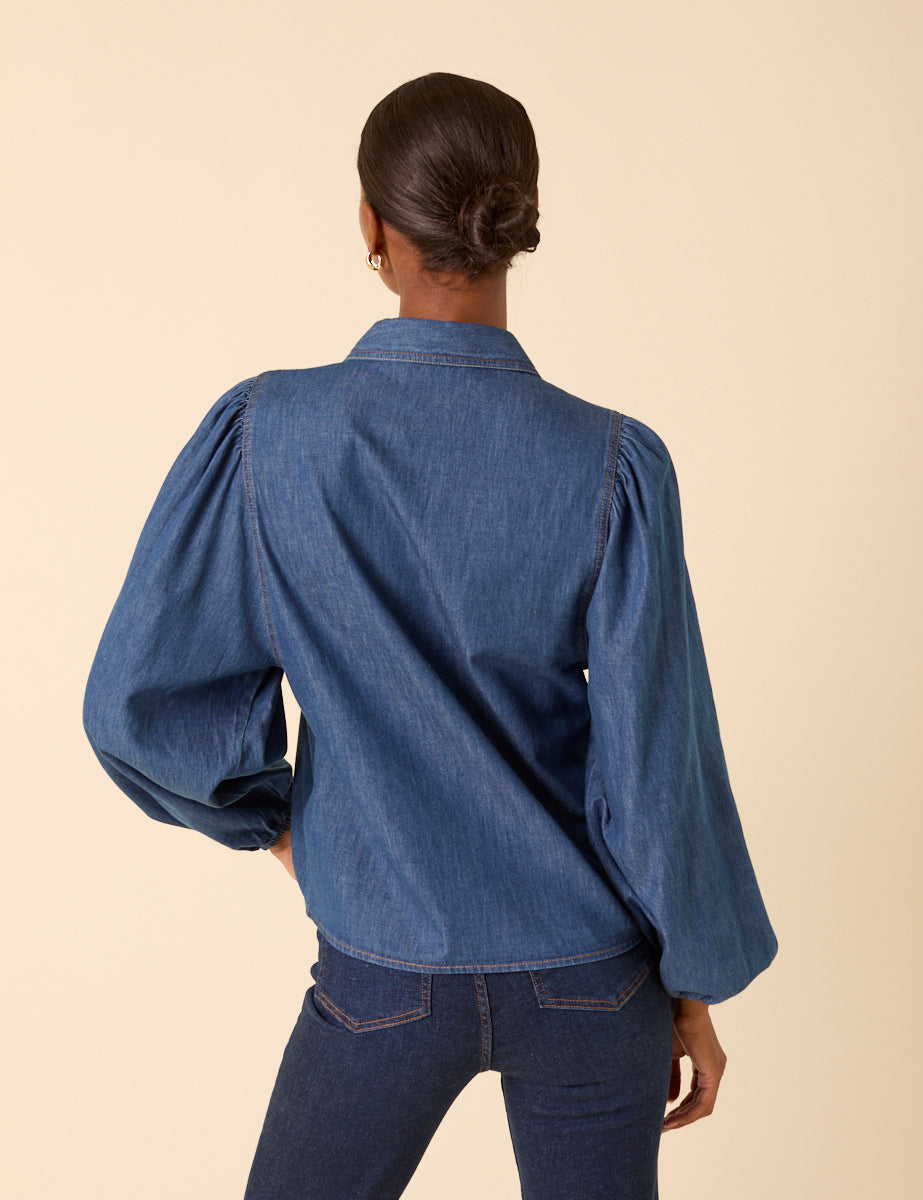 Blue Denim Balloon Sleeve Blouse