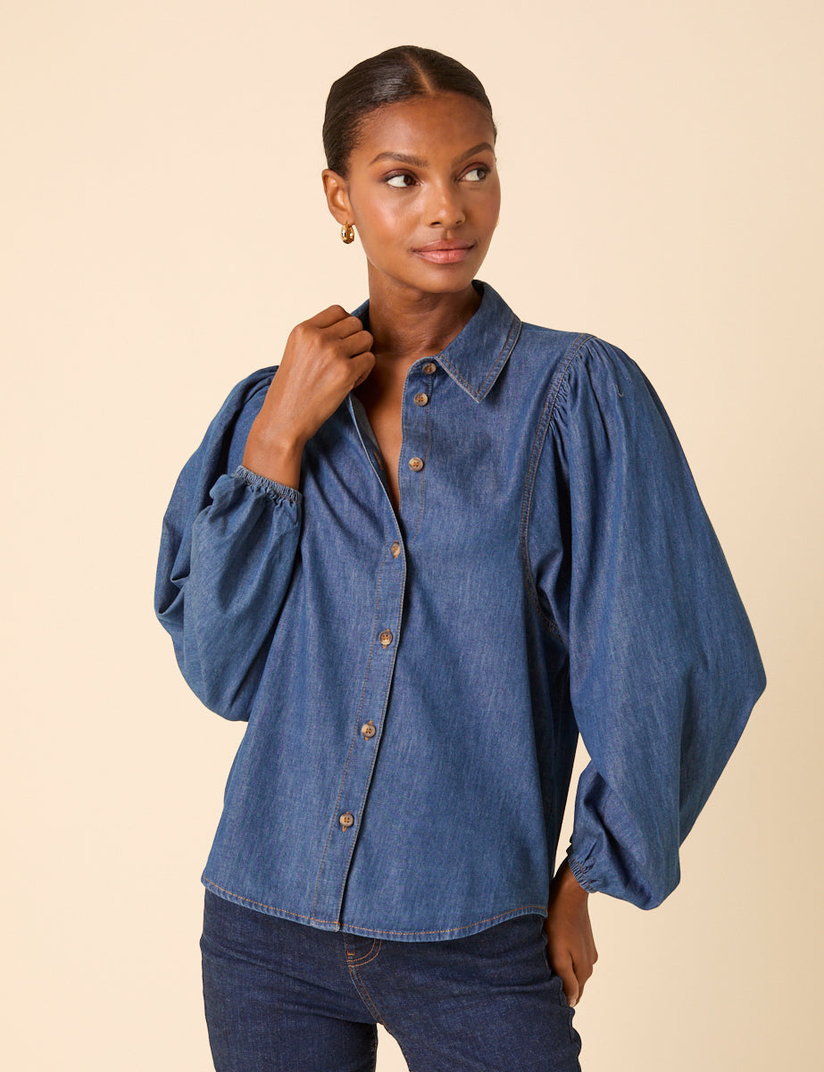 Blue Denim Balloon Sleeve Blouse