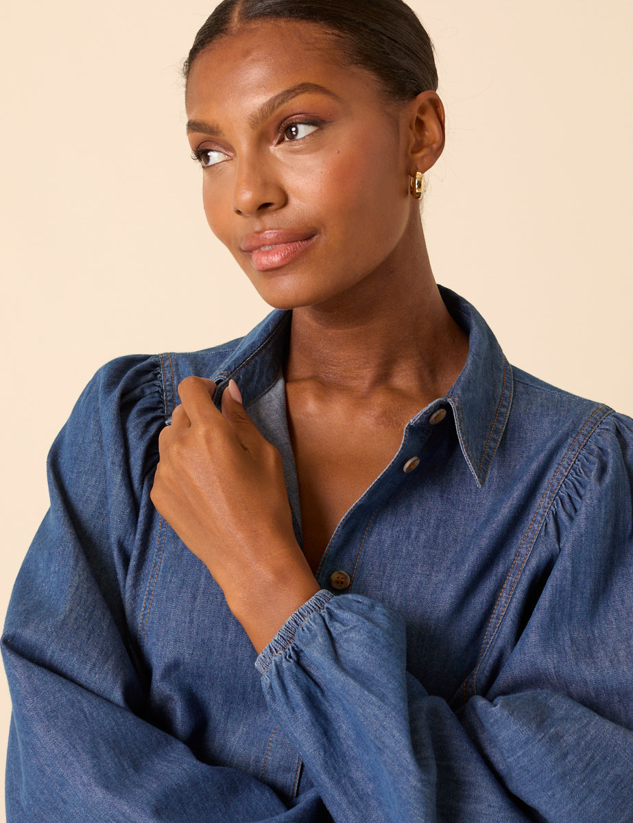 Blue Denim Balloon Sleeve Blouse