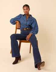 Blue Denim Balloon Sleeve Blouse