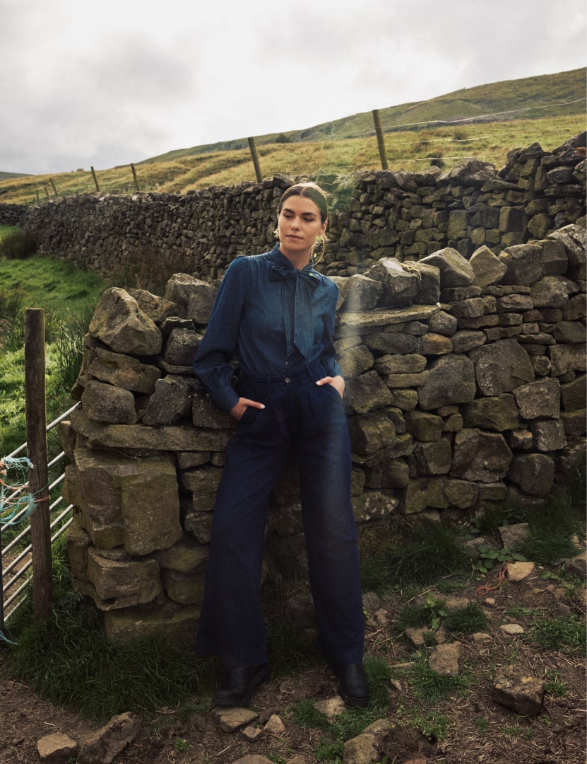 Denim Tie Neck Blouse