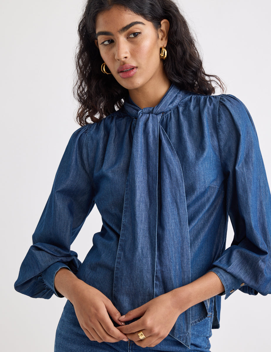 Denim Tie Neck Blouse