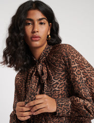 Leopard Print Tie Neck Blouse