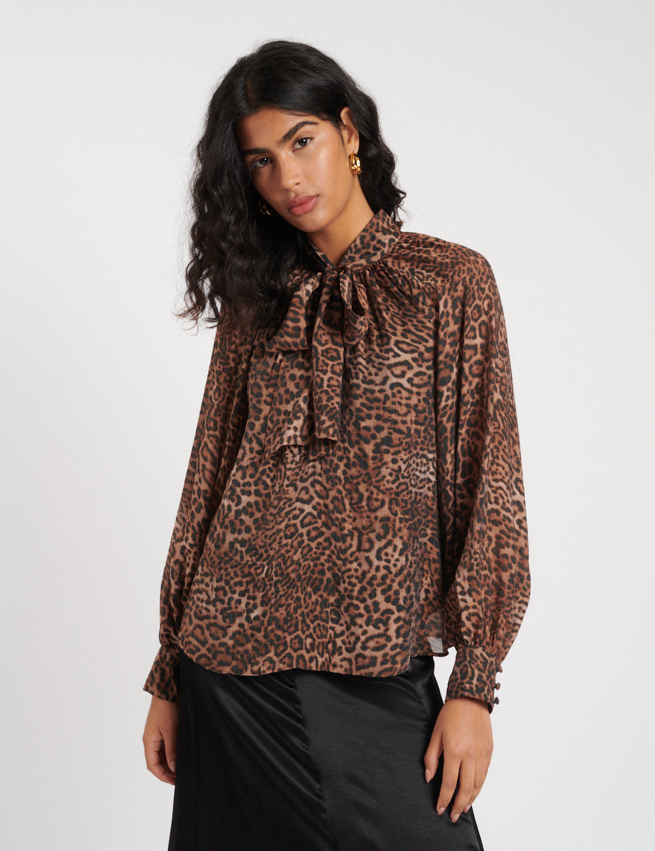 Leopard Print Tie Neck Blouse